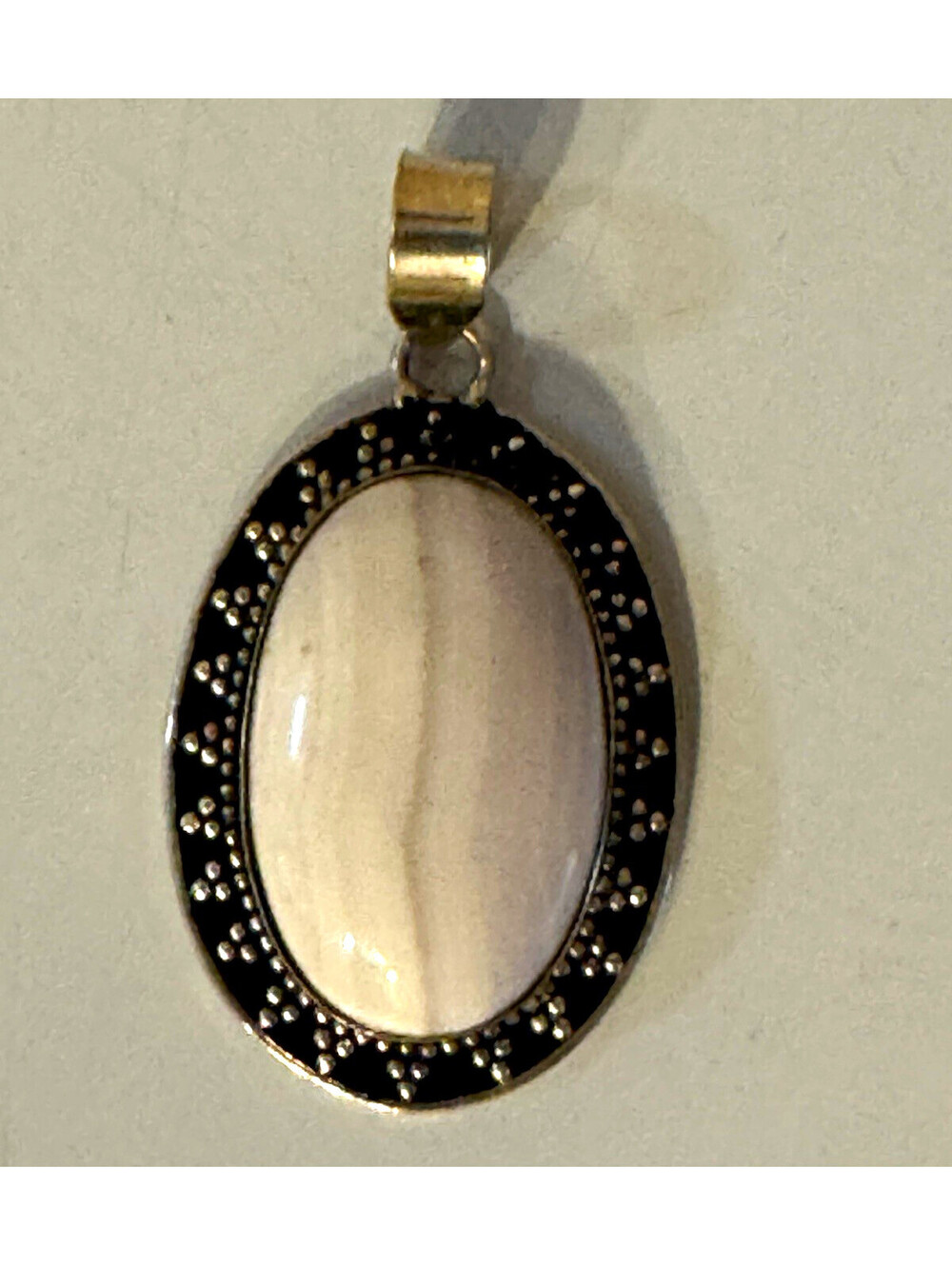 925 Sterling Silver Cream White Banded Stone Oval Pendant 2.5” Statement Boho